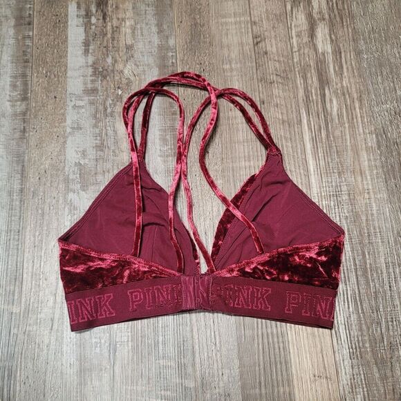 PINK Victoria's Secret Velour Unlined Wireless Strappy Bra Size Small Maroon - Picture 2 of 4